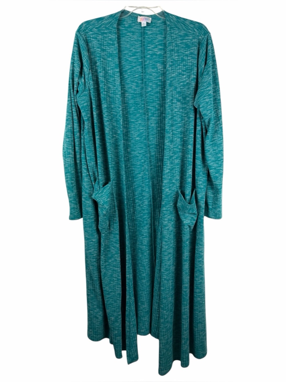 LuLaRoe Sarah Teal Ribbed Knit Duster Cardigan Open Front Pockets Women Size XL
